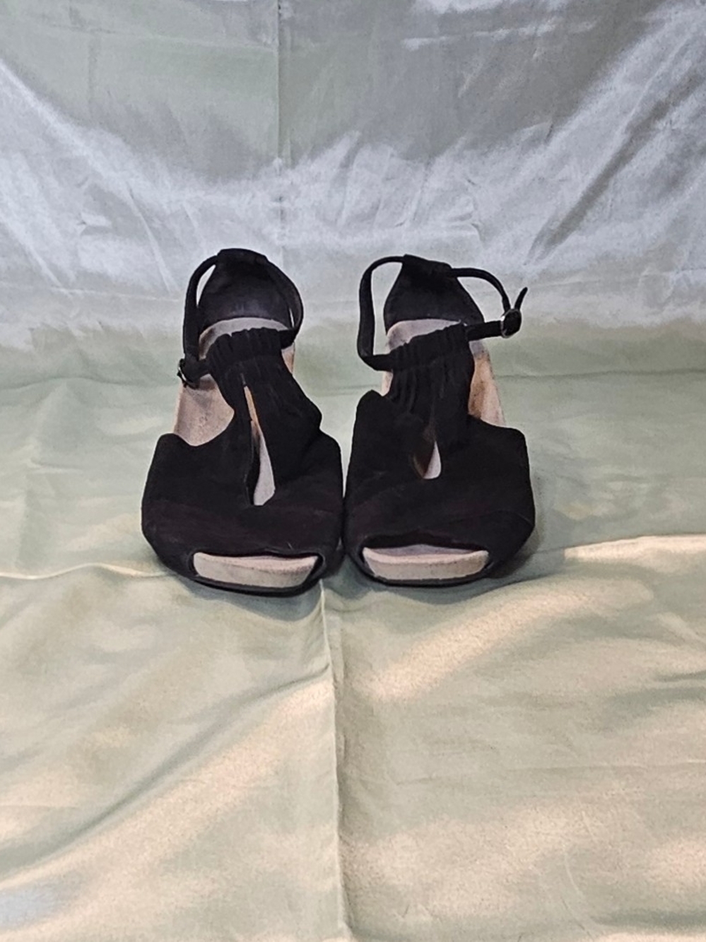 Earthies Black Suede Open-Toe Ankle Strap Heels
